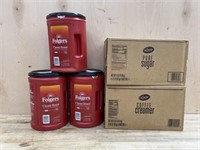 3 containers Folgers coffee & box of creamer &