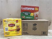 Box of decaf & black tea & box of sugar