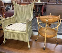 Antique Wicker Arm Chair & Rattan Tiered Stand