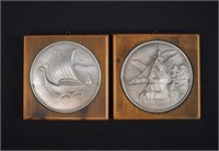 2 Framed Norway Viking Pewter Medallions