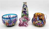3 pc Hand Painted Glass & Pottery Art Glass Flower