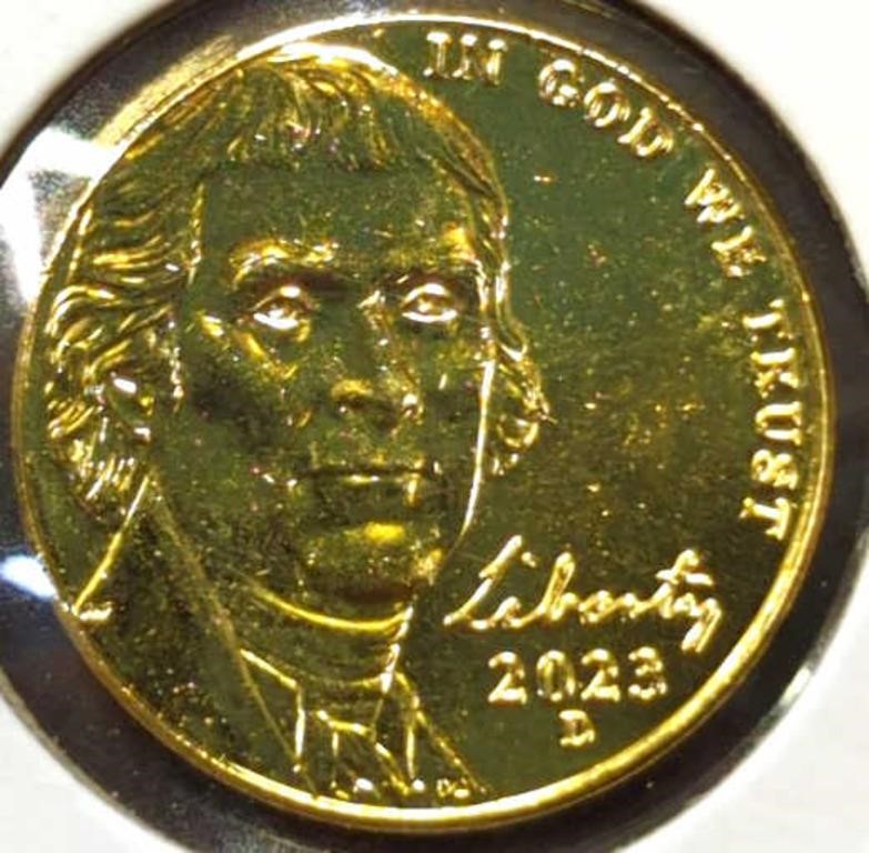 24k gold-plated 2023d Jefferson nickel