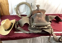 Vintage Horse Saddle, Lasso Rope, Hat