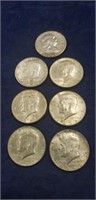 (1) 1962 Franklin & (6) Kennedy Half Dollar Coins