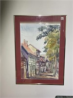 Framed Watercolor Village Scene