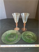 Green Depression Plates & 2 Wine Glasses