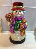 17 inch glass snowman on wooden pedestal