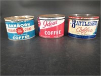 3 Antique Coffee Tins Sanborn, Ideal & Battleship
