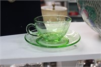 GREEN DEPRESSION GLASS CUP & SAUCER