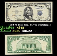 1953 $5 Blue Seal Silver Certificate Grades xf+