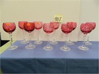 (10) Cut Cranberry Stemmed Wine Glasses -
