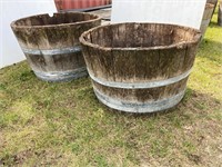 2 wooden 1/2 barrel planters. 28” across