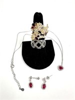 Sterling Garnet Rings Earrings Necklace .72 ozt.