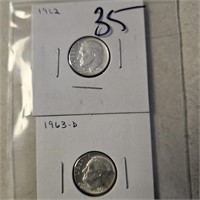 1962 & 1963 D BU Silver Dimes