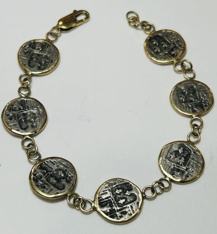 14KT YELLOW GOLD WITH ANCIENT SILVER COIN BRACELET