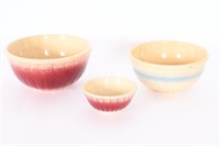 Vintage Yellowware Pottery Bowls - Raspberry, Blue