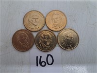 5 Presidental $1 Coins Uncirculated Condition