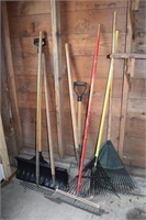Lawn & Garden Lot: Tools - Rakes, Shovel, Broom+