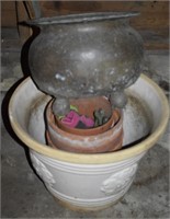 18" Diam Planter & Clay Pots + Brass Cauldron