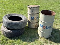 (2) MOBIL GREASE CANS & (2) TIRES