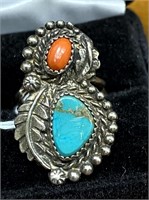 SILVER NAVAJO 2+CT CORAL/BLUE TURQUOISE RING
