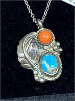 SILVER NAVAJO 1.82CT CORAL/TURQUOISE NECKLACE