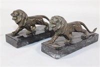 Pair - Metal Lions on Marble Base - Made in Taiwan