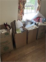 4 LARGE CARDBOARD BOXES OF FABRICS, LINEN'S,