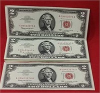 Twenty Nine 1963 Red Seal Two Dollar Bills