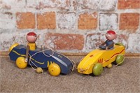Antique toys lot, 2 wooden pull-cars, made in