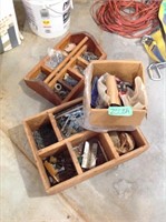 Two wood tool organizers with contents