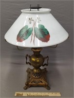 Victorian Oil Lamp & Painted Glass Lamp Shade