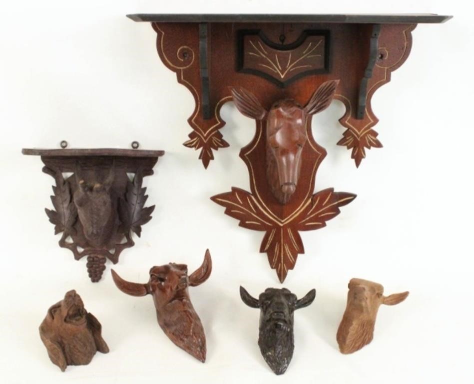 Six Black Forest Carved Animal Heads