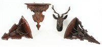 (4) Black Forest Carved Stag Shelves & Head