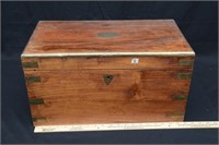 ANTIQUE BRASS AND WOOD LOCK BOX 20 X 11 X 11