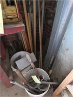 GROUP - HANDLES, SHOVEL HEADS, BUCKET WITH MISC