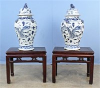 Pair of Blue & White Chinese Dragon Temple Jars