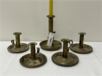 5 Antique Brass Push Up Candlesticks