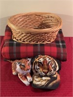 Plaid throw/wicker basket/tiger hat & stuff animal