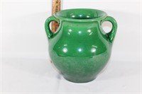 Vintage double handled clay Japan green vase