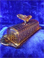 Pretty Amber Glass Covered Butter Dish with
