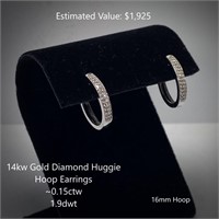 14kt Diamond Huggie Hoop Earrings, ~0.15ctw