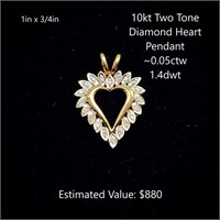 10kt Two Tone Diamond Heart Pendant, ~0.05ctw