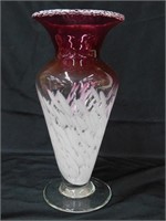 VTG hand blown 12" White Spatter footed vase