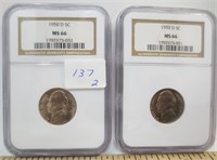 2 - 1950-D Jefferson nickels, graded MS-66