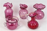 FIVE PIECES OF CRANBERRY GLASS