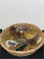 Inspirational Stones and Pine Cones in Basket