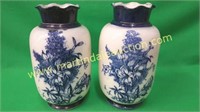 Vintage Blue Floral Matching Ruffle Edge Vases