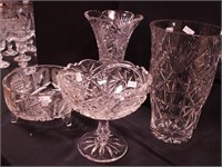 Four pieces of cut glass: vintage 10" vase; plus