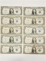 (10) 1935 E $1 Silver Certificates: 1 w/ Star